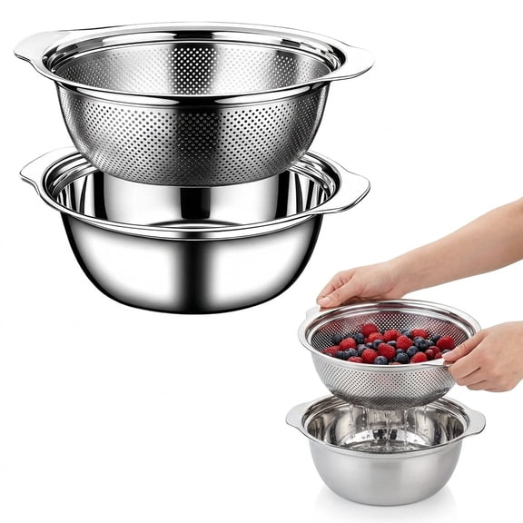 Colander for Kitchen,Stainless Steel Colander, Stainless Steel Strainer with Mixing Bowl, Rice Strainer with Handle for Washing Vegetables, Fruit, Rice, and Pasta (2 PC)
