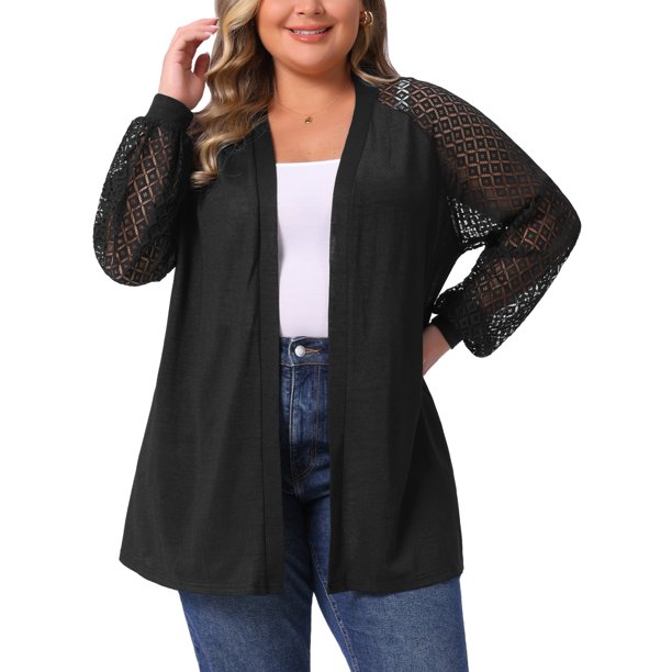 Cárdigan ligero de talla grande para mujer GRACE & GRANDEUR, tejido de ganchillo, con dise?o de encaje, de manga larga, casual, abierto por delante, 4X negro