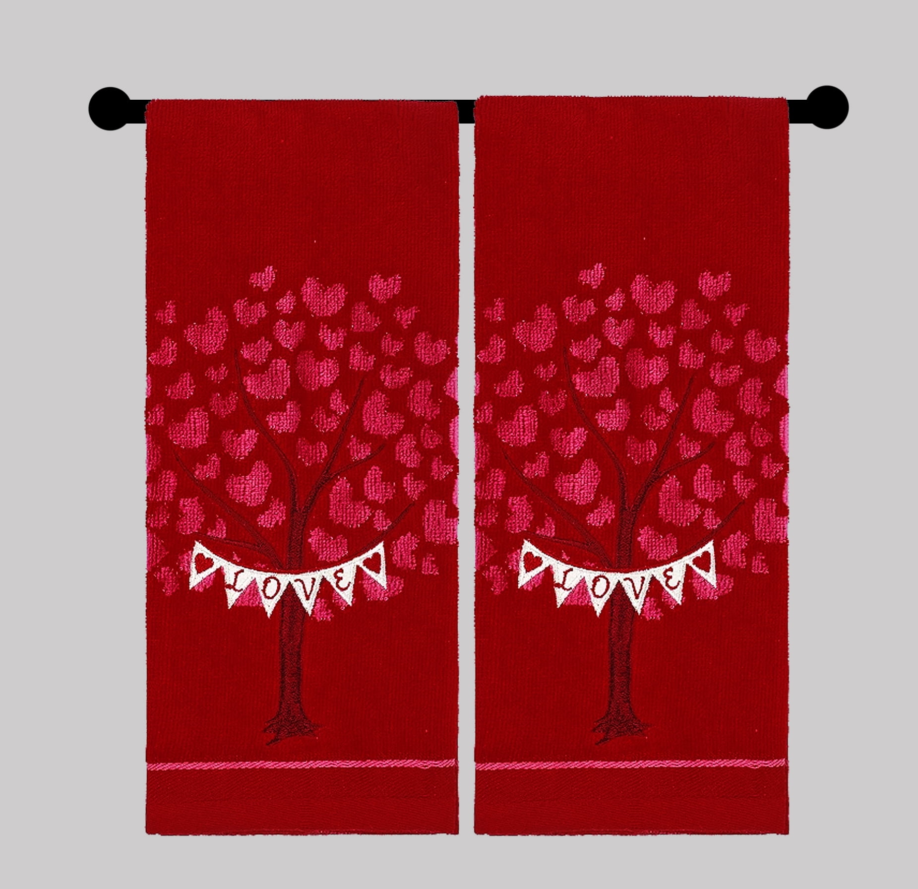 Celebrate  Valentine Bath Hand Towels Red Tree of Love Hearts Bathroom 2 Pieces