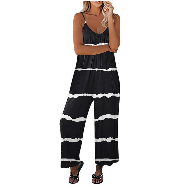 FAIWAD Combinaison Décontractée pour Femme, Ample, Sans Manches, Jambe Grand, Bretelles Spaghetti, Longue, avec Poches