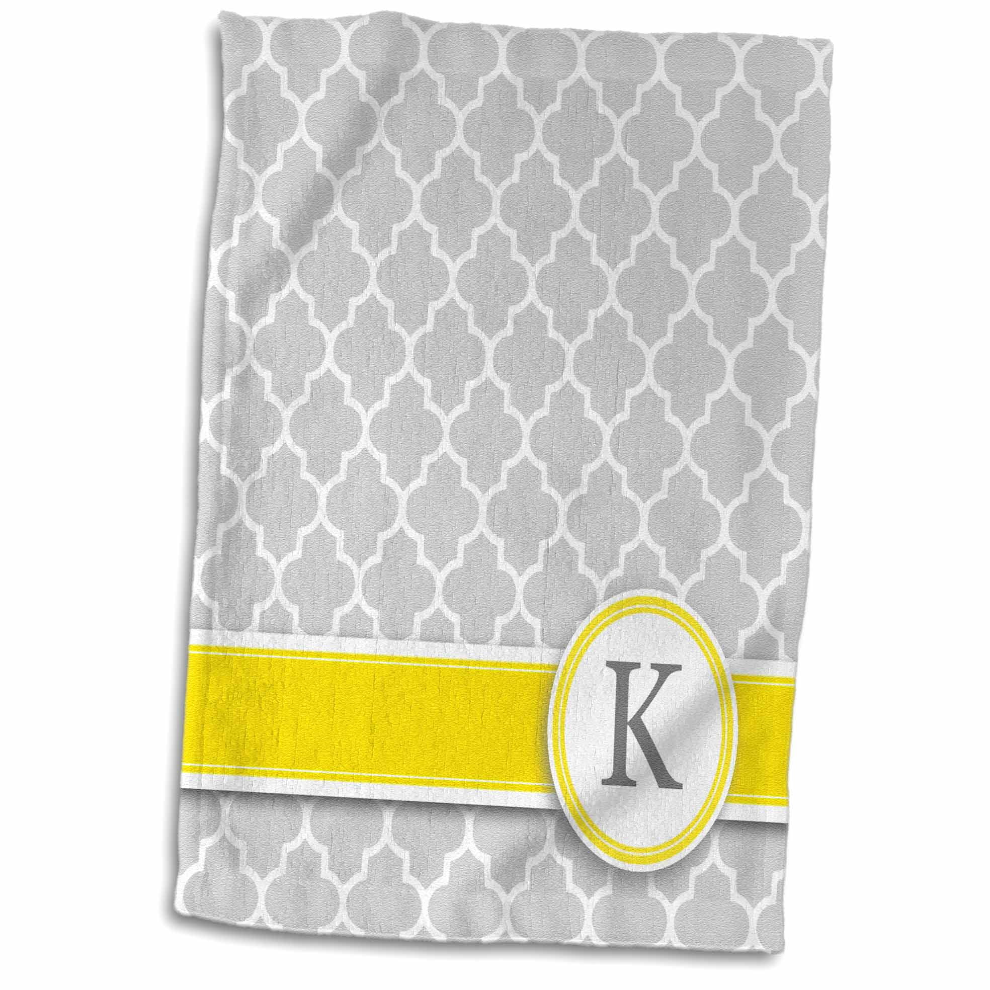 3dRose Your personal name initial letter K - monogrammed grey quatrefoil pattern - personalized yellow gray - Towel, 15 by 22-inch