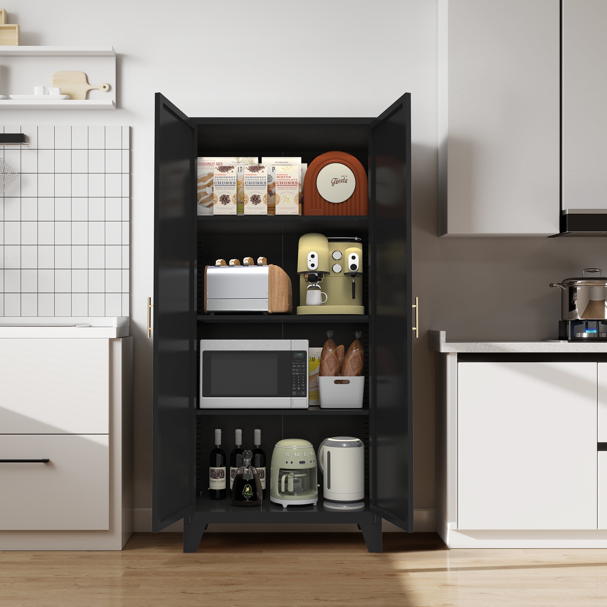 Aukfa 61" Tall Metal Pantry Cabinet,Kitchen Storage Cabinet with Adjustable Shelves for Kitchen/Dining Room/Living Room, Black