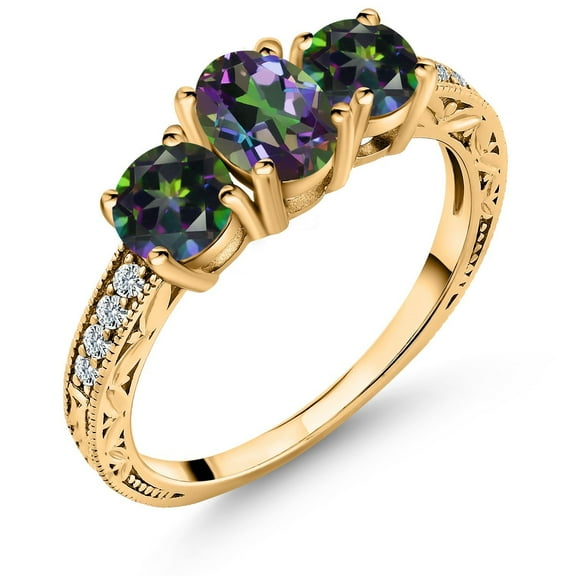 Gem Stone King 2.22 Ct Oval Green Mystic Topaz 18K Yellow Gold Plated Silver Ring (Size 8)