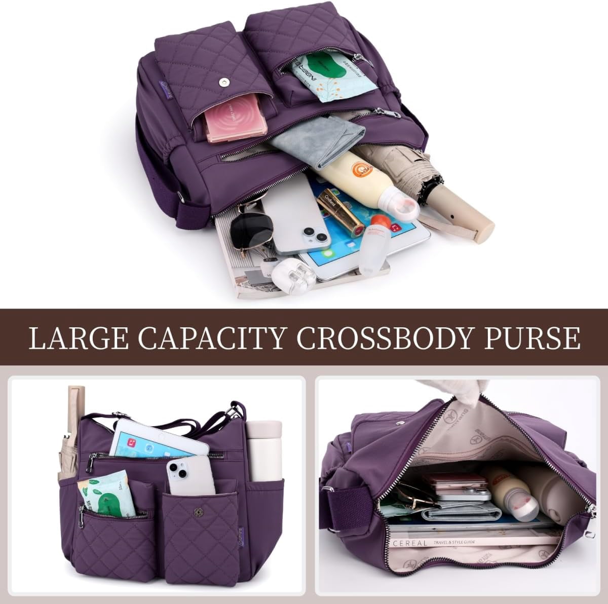 Sunyuer Crossbody Bag for Women, Casual Quilted Nylon Waterproof Travel Purse Trendy Multipocket Lightweight Shoulder Handbags for Ladies