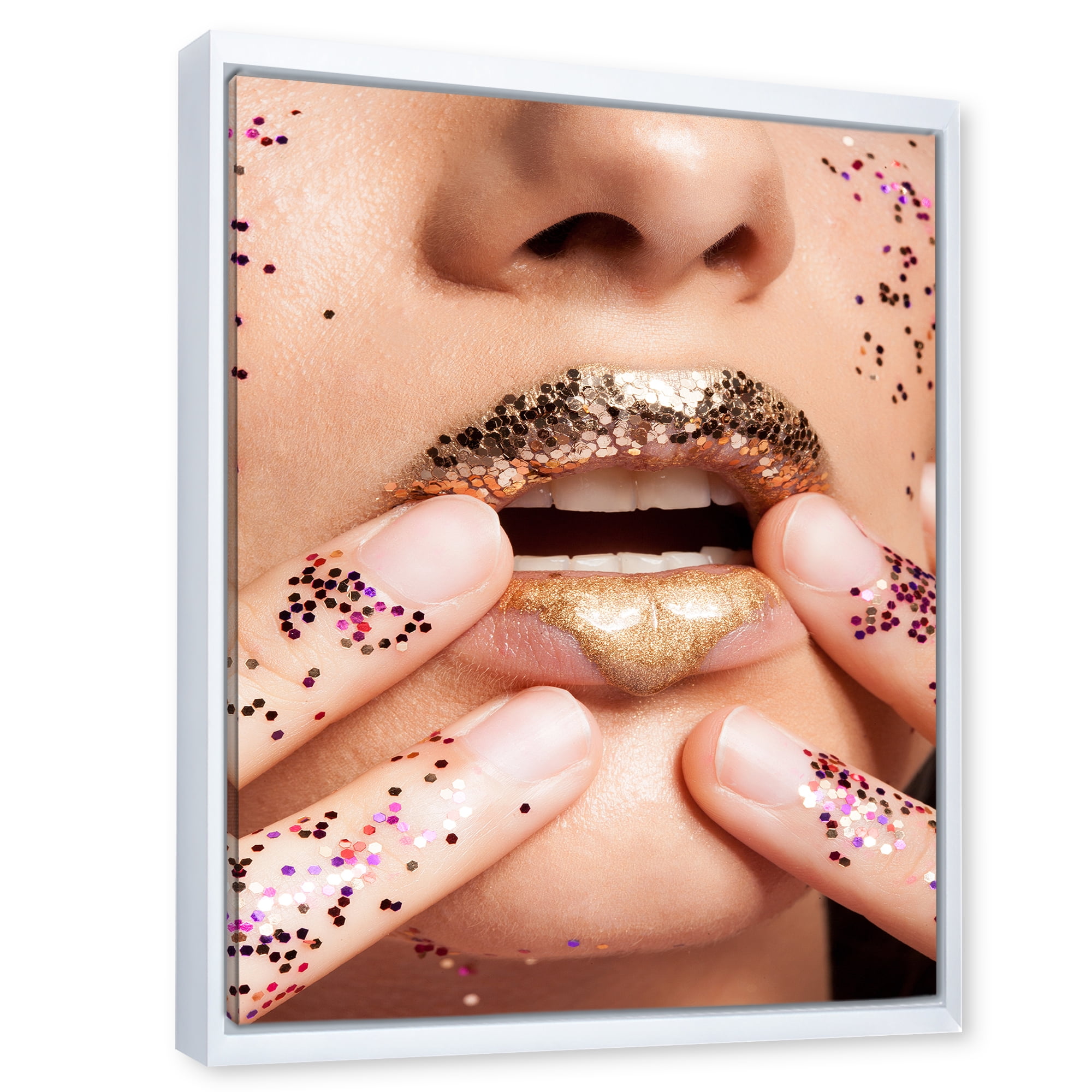 Designart 'Female With Golden Lips and Glitter On Her Hands' Modern Framed Canvas Wall Art Print
