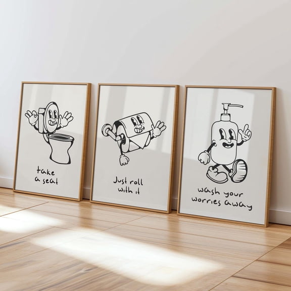Retro bathroom wall art bathroom prints Black and white decor printable Set 3 Unframed Paper Print 8x12