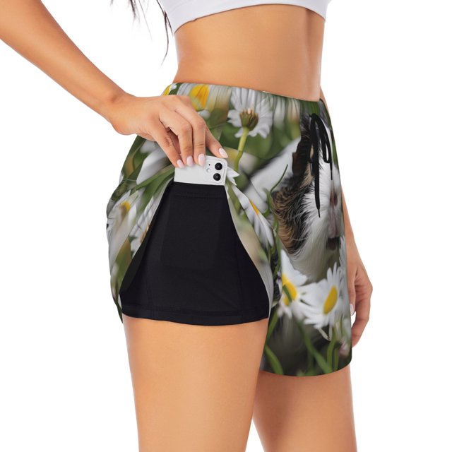 Balery Daisy Guinea Pig Pantalones cortos deportivos para mujer con forro y dos bolsillos, elásticos, para entrenamiento, gimnasio, yoga-Medium