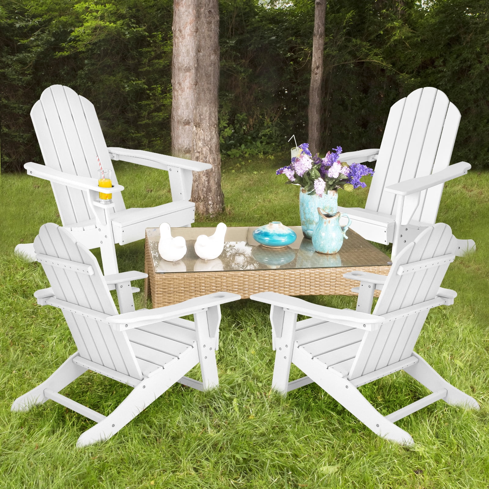 Patiojoy 2PCS Adirondack Chair Outdoor with Cup Holde Weather Resistant Lounger Chair for Backyard Garden Patio and Deck White