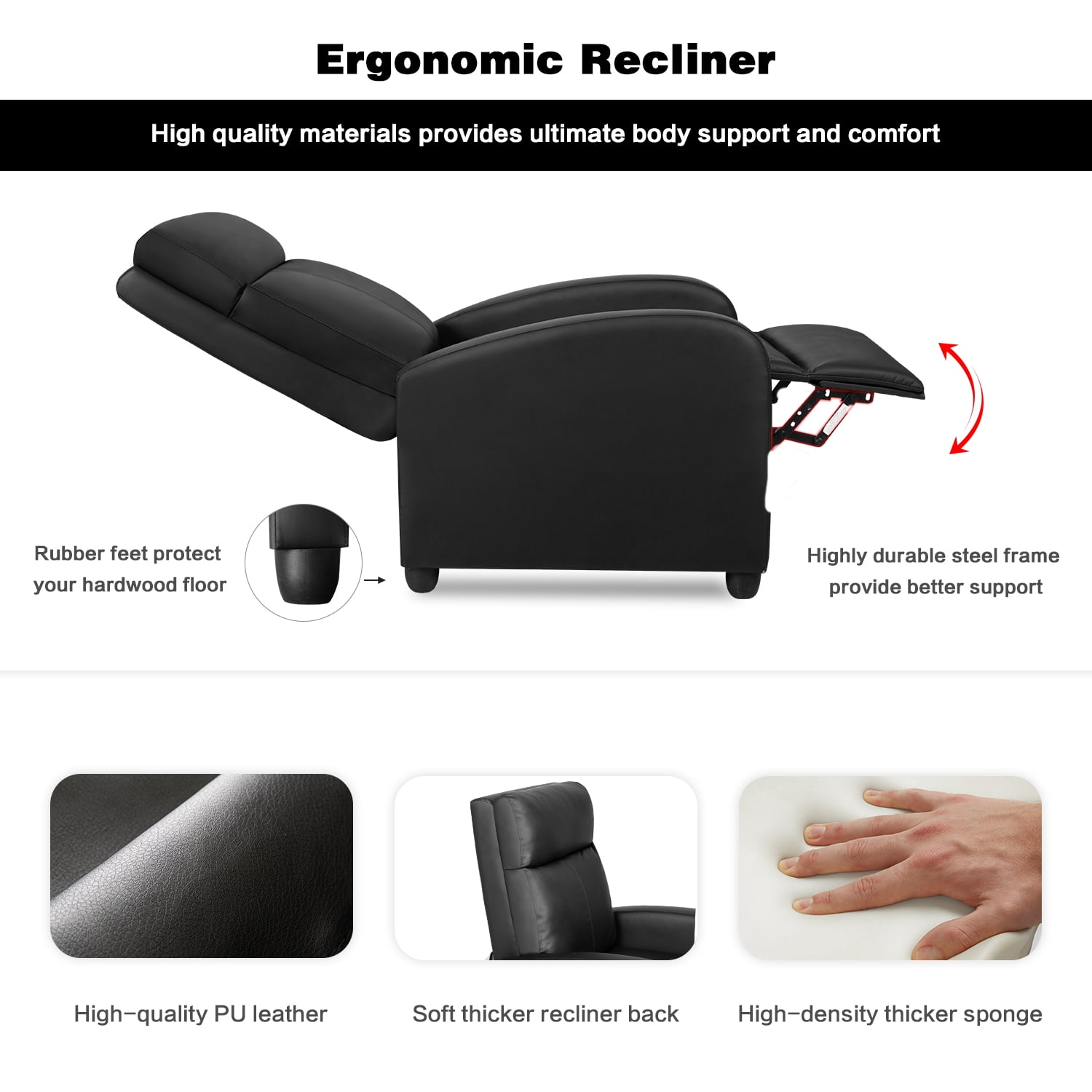Walnew Single Recliner Thick Padded Push Back Recliner with Faux Leather, Black