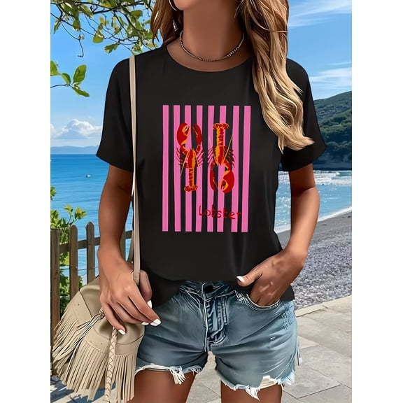 Trendy Women's Lobster Graphic T-Shirt, Vibrant Pink Striped Summer Beach Vacation Casual Tee Top