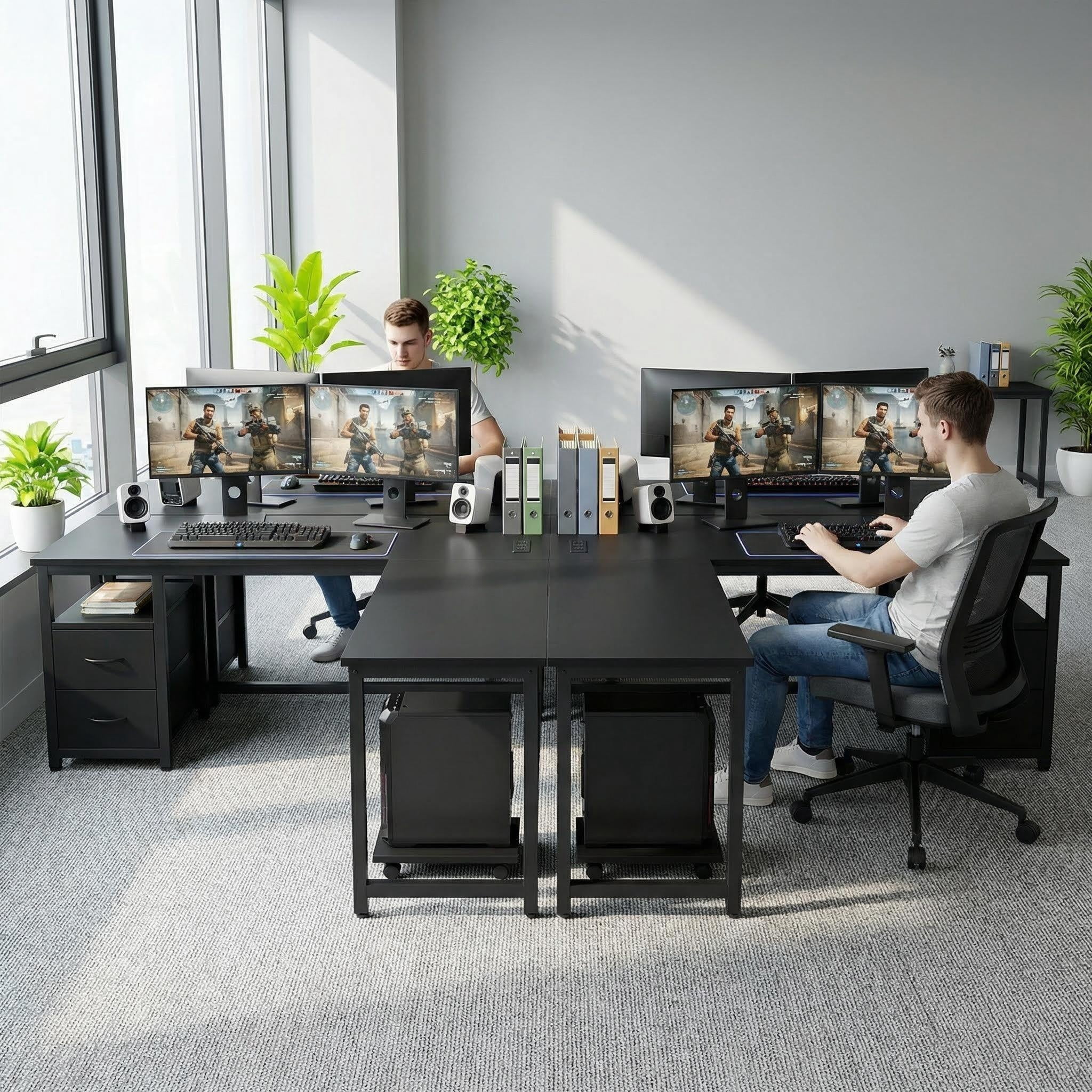Desk, Lofka 66 Inch L Shaped Home Office Desk with 2 Drawers and Charging Station, Black