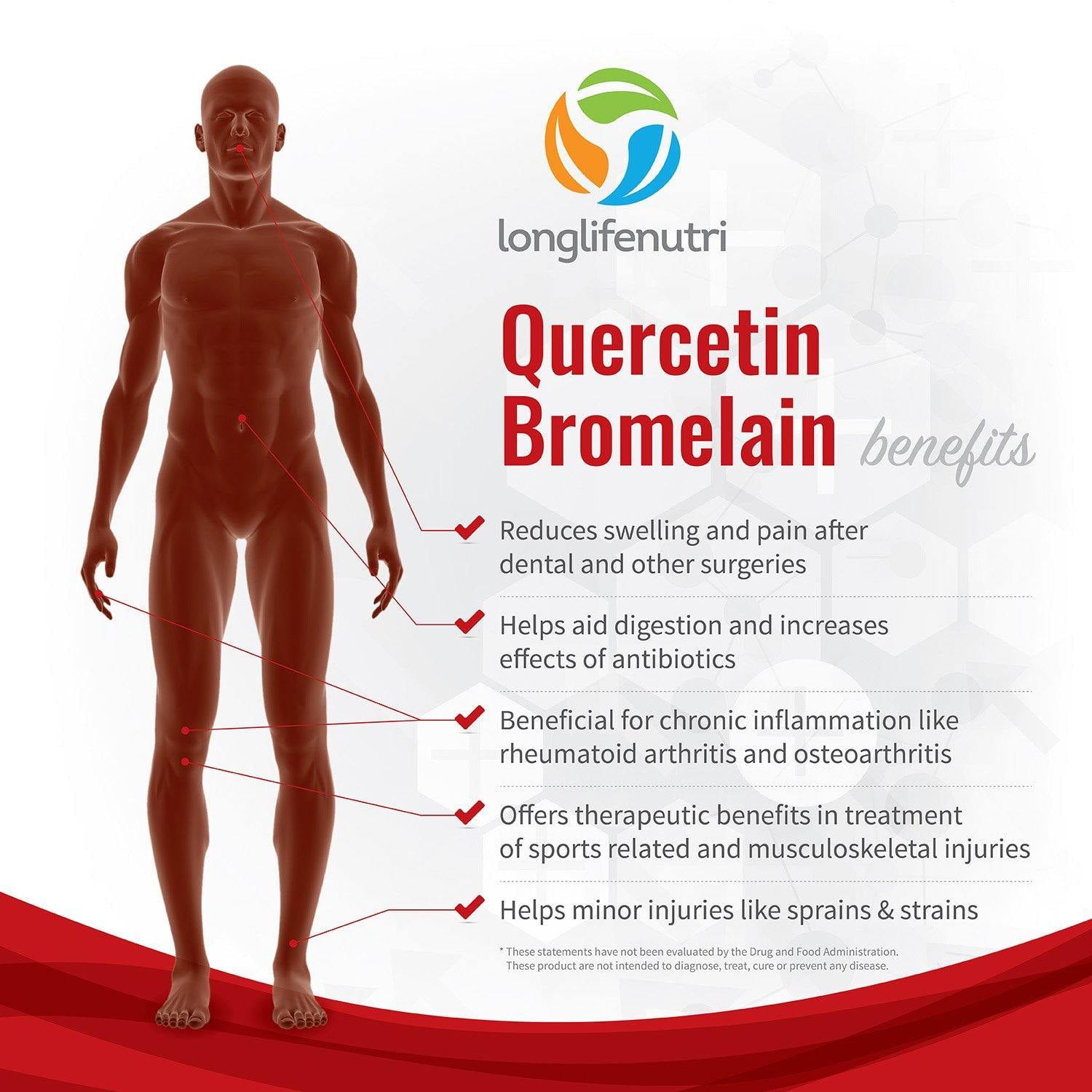 LongLifeNutri Quercetin 500 mg with Bromelain 100 mg - 120 Vegetarian Capsules, Natural Antioxidant