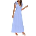 thumbnail image 3 of Honeeladyy Womens Summer V Neck Tie Strap Maxi Dress Solid Color Sleeveless Long Dress Spaghetti Strap Flowy Dresses Blue XXXXXL, 3 of 6