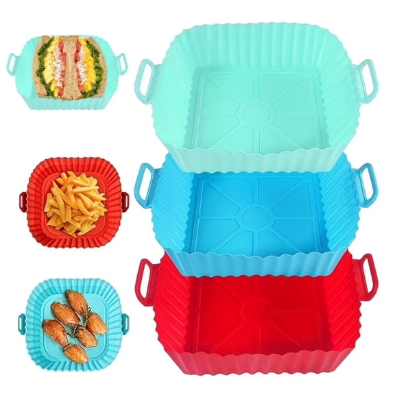 3 Pack 8 Inch Air Fryer Silicone Liners for 3.6 to 6.8 QT Air Fryers, Non-Stick Reusable Silicone Pot Basket Bowl Liner Baking Tray Air Fryer Accessories, Square Airfryer Liner
