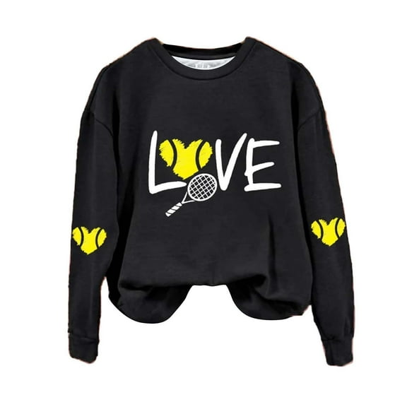 Yoodem Sweatshirt for Women Crewneck Sweatshirts Women's Love Tennis Casual Hoodie Long Sleeve Sweatshirts Soft Printed Shirts Women's Winter Sweatshirt Tops Womens Sweatshirt Black L