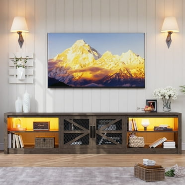 PPorfamilia TV Consoles for Living Room, Farmhouse Barn Door LED TV Stand for TVs up to 90", TV Entertainment Center with Storage, Oak Gray