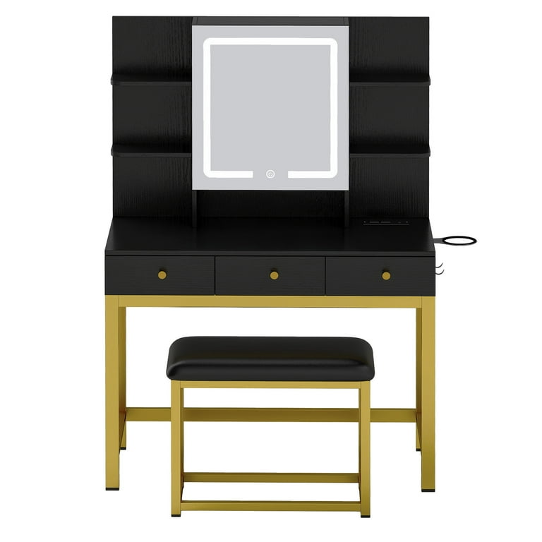 ModFusion Black & Gold LED Dressing Table with Stool, Tri-Color Touch  Mirror, 3 Drawers, UL Certified Outlets, Hair Tool Hooks, PU Cushion -  Walmart.com