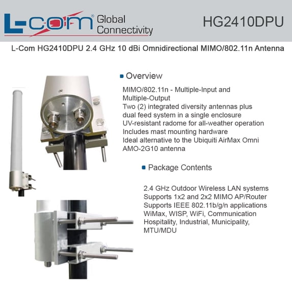L-Com HG2410DPU 2.4 GHz 10 dBi Omnidirectional MIMO/802.11n Antenna