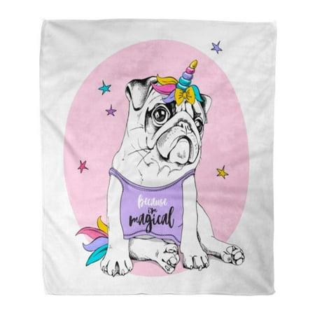 LADDKE Flannel Throw Blanket Adorable Puppy Pug in Bright Colored Costume of Unicorn Wig Horn and Tail Because I M Magical 50x60 Inch Lightweight Cozy Plush Fluffy Warm Fuzzy Soft
