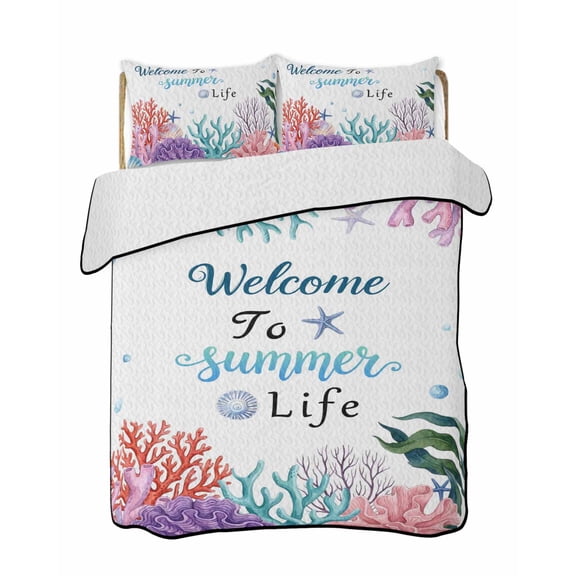 Full Size Quilt Bedding Set, Summer Sea Coral Reversible Summer Quilt 3 Pieces, Nautical Coastal Seaweed Starfish Watercolor Lightweight Bedspreads Coverlets with 2 Pillow Shams for All Seasons