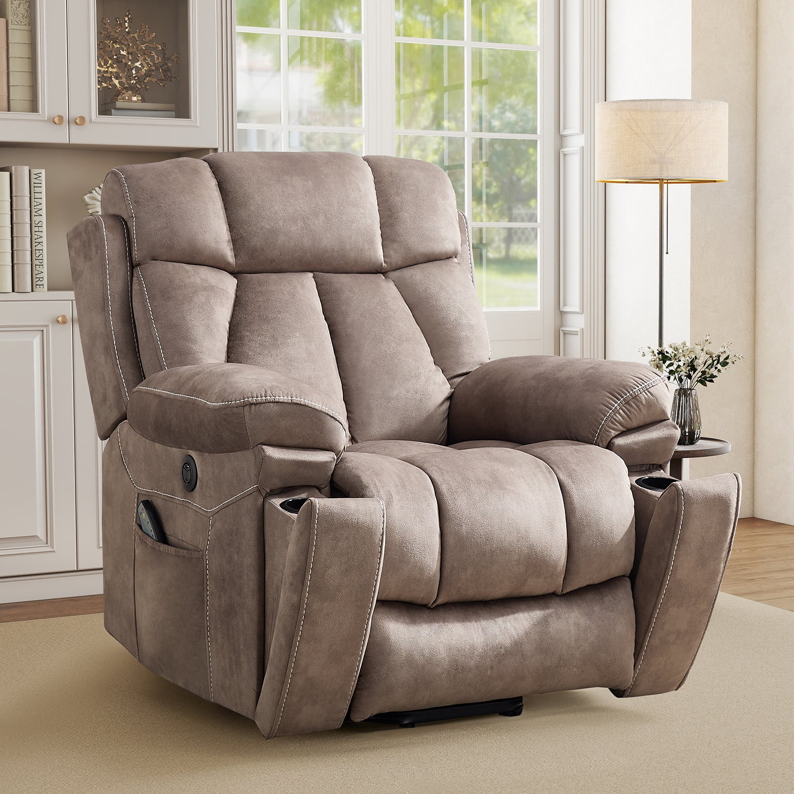 Bonzy Home Oversized Power Lift Recliner — Electric Lift Chair with Massage & Lumbar Heat, USB Port, Cup Holders & Side Pockets, Brown