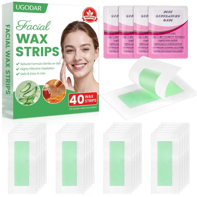 Tiras de cera facial UGODAR, 40 unidades, fórmula natural para mujer