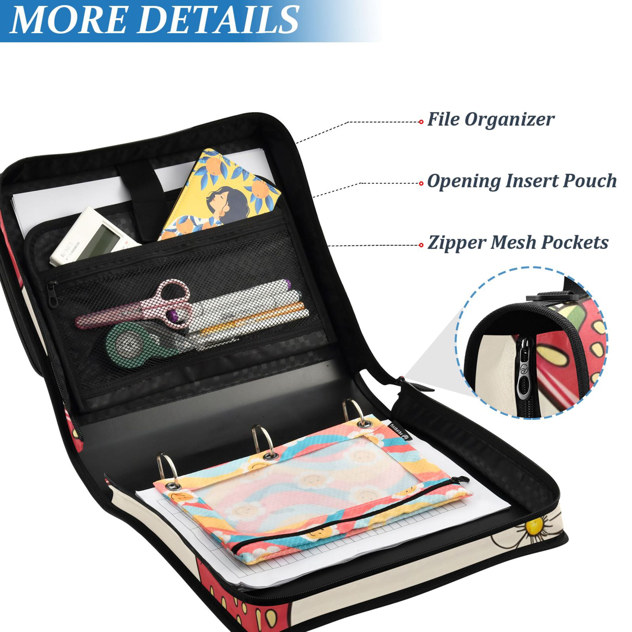 ALAZA Zipper Binder Strawberry and Floral 3 Ring Trapper Keeper File Folder Organizer Bag