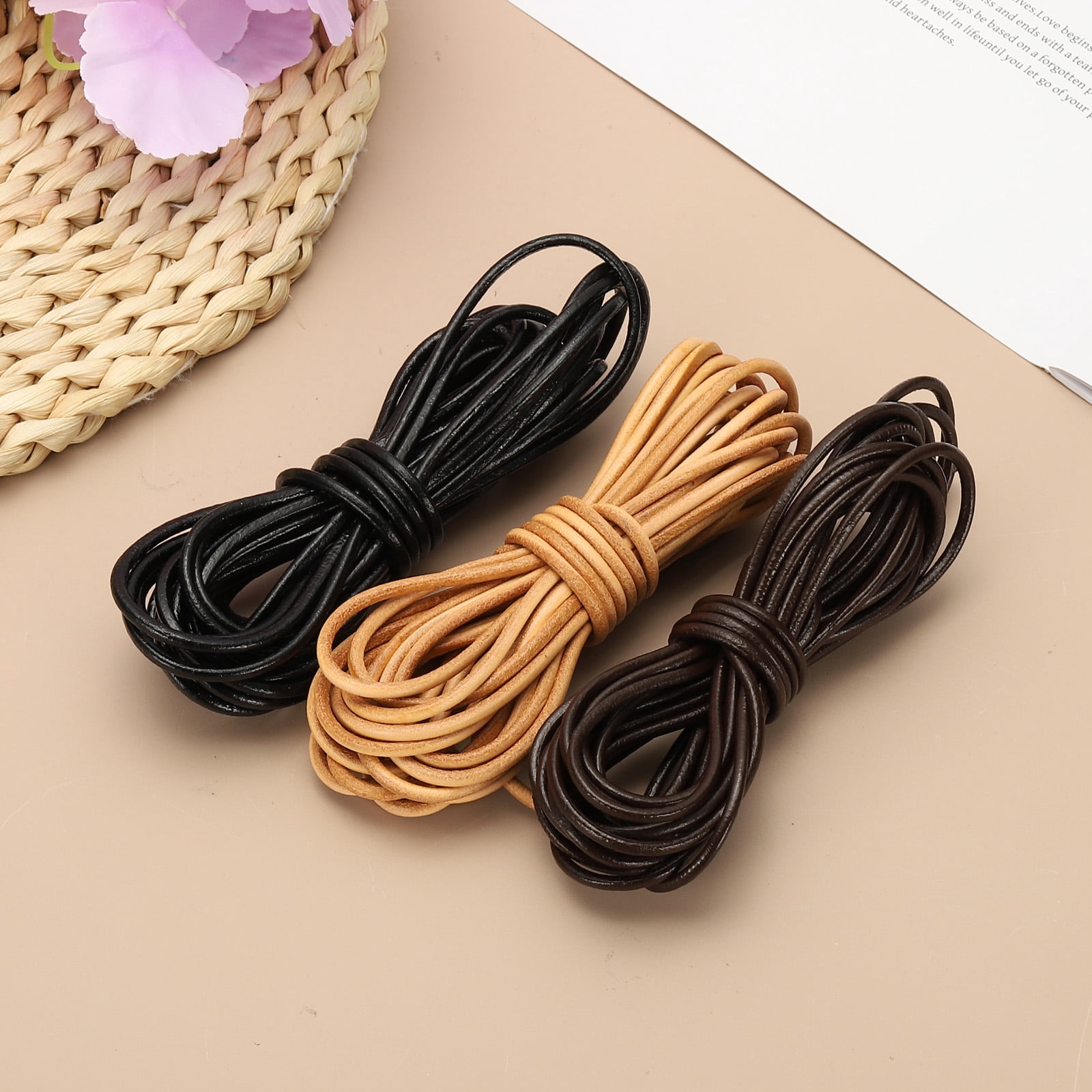 Uxcell Round Leather Cord, 6mm x 5.5 Yards Full-Grain Leather String Rope for Jewelry Beads Making Necklace Bracelet DIY Handmade Crafts, Light Brown