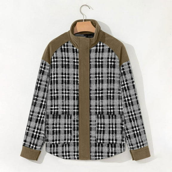 FNFHFY Womens Plaid Jackets Casual Corduroy Patchwork Jacket Zip-Up Snap Button Plaid Shacket Winter Fall Coats with Pockets