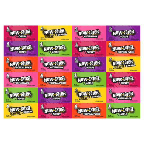 Variety Pack Candy Now and Later, Individually Wrapped Chewy Candy, Cherry, Tropical Punch, Grape, Watermelon, Apple, Banana, 0.93 oz, 24-Pack, Long-Lasting Sweet Treats