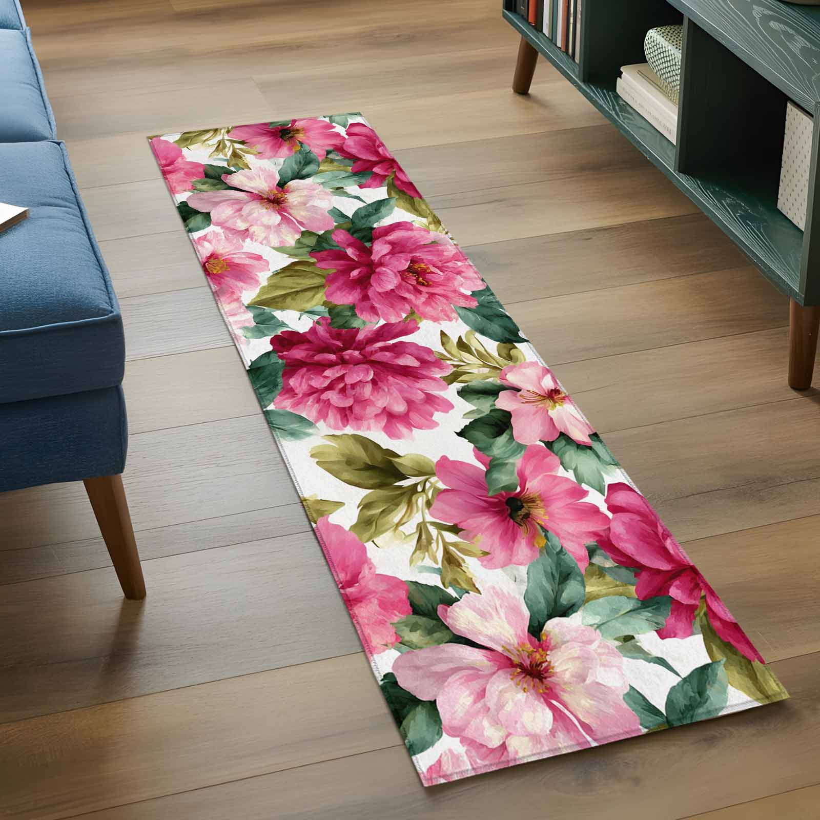 Pink Floral 2'x6' Runner Rugs for Hallway Kitchen Bedside Non Slip Washable, Watercolor Flowers Leaves Plants Watercolor Entryway Rug Runners with Rubber Backing, Long Carpet Runner for Laundry Room