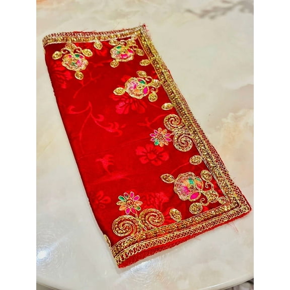 Embroidered Pooja Aasan Cloth – Red Satin Prayer Mat with Golden Zari Border for Mandir, Rituals & Festivals – Indian Puja Aasan for Home Temple