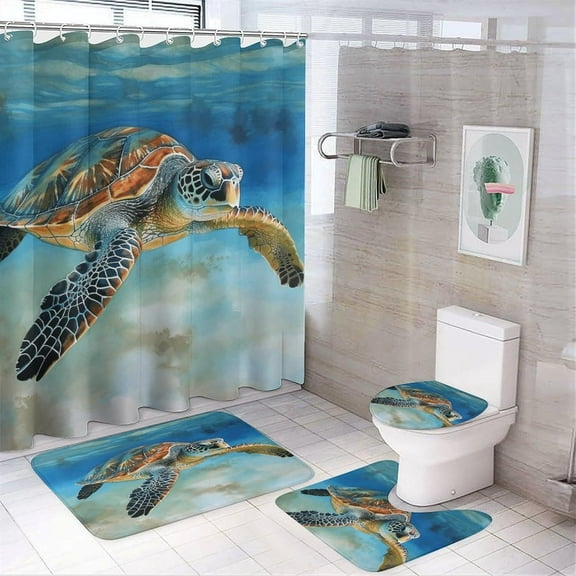 Bathroom Set, Sea Turtle Printed Bathroom Set,Bathroom Set 4-Piece Set,Bathroom Set with Shower Curtain Sets and Carpet