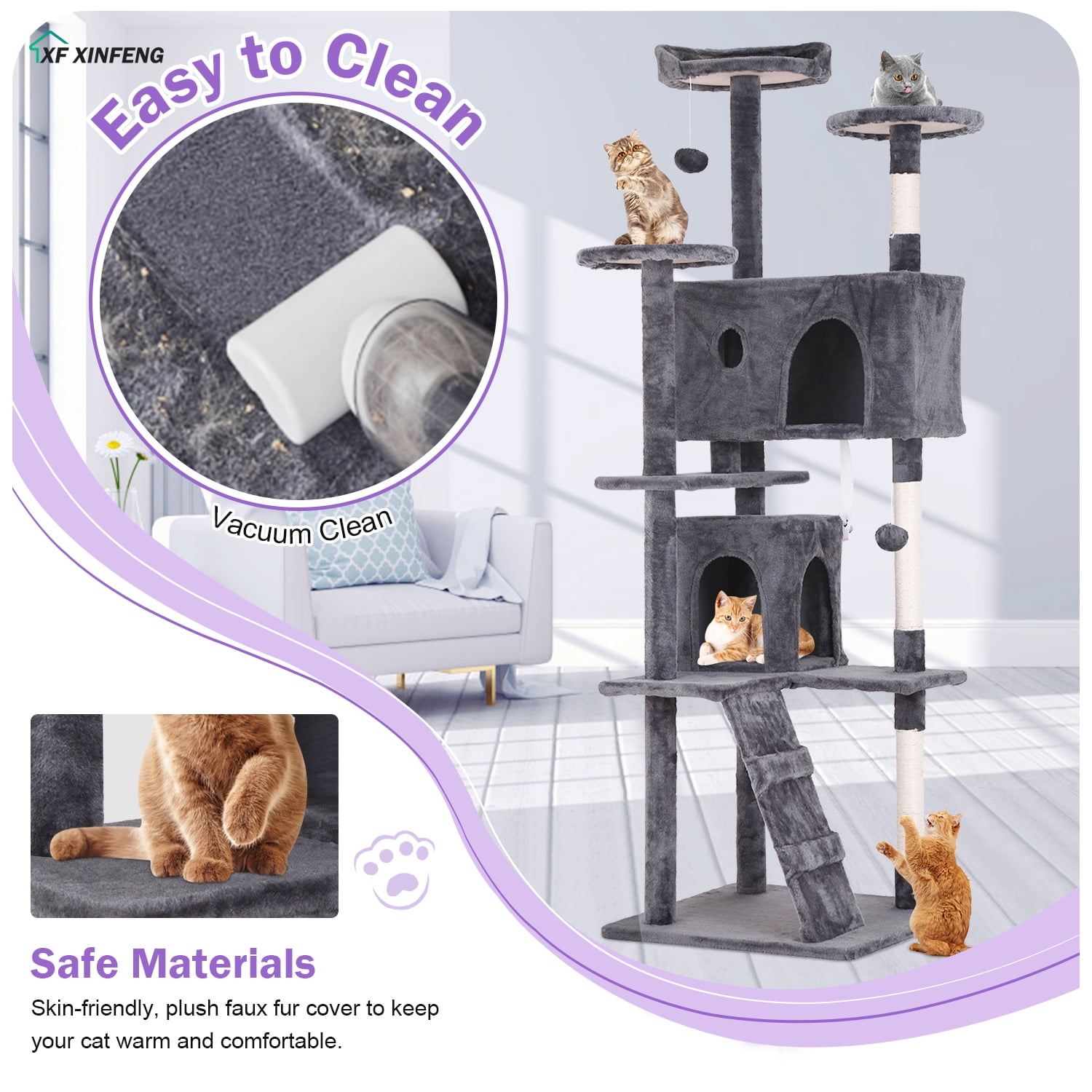 XF XINFENG 70" Cat Tree Tower Playhouse for Indoor Cats with Scratching Posts, Multi-Level Pet Cozy Condo Furniture, Light Gray
