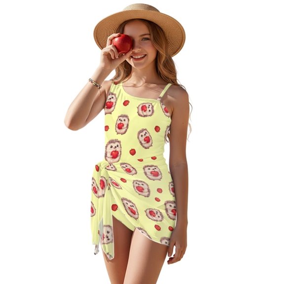 Uourmeti Hedgehog Apple Girls Halter Swimsuit One Piece Cute Cartoon Bathing Suit with Mesh Cover Up Skirt Adjustable Straps Swimwear Teen Girls Bathing Suit for Beach Vacation Yellow