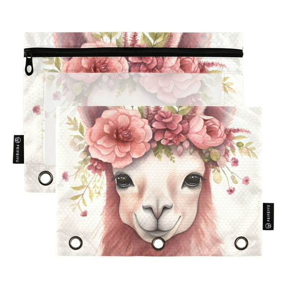 2 Pack Pencil Pouch for 3 Ring Binder Zipper Pencil Case Llama Pink with Flowers Clear Window Pencil Bag Organizers