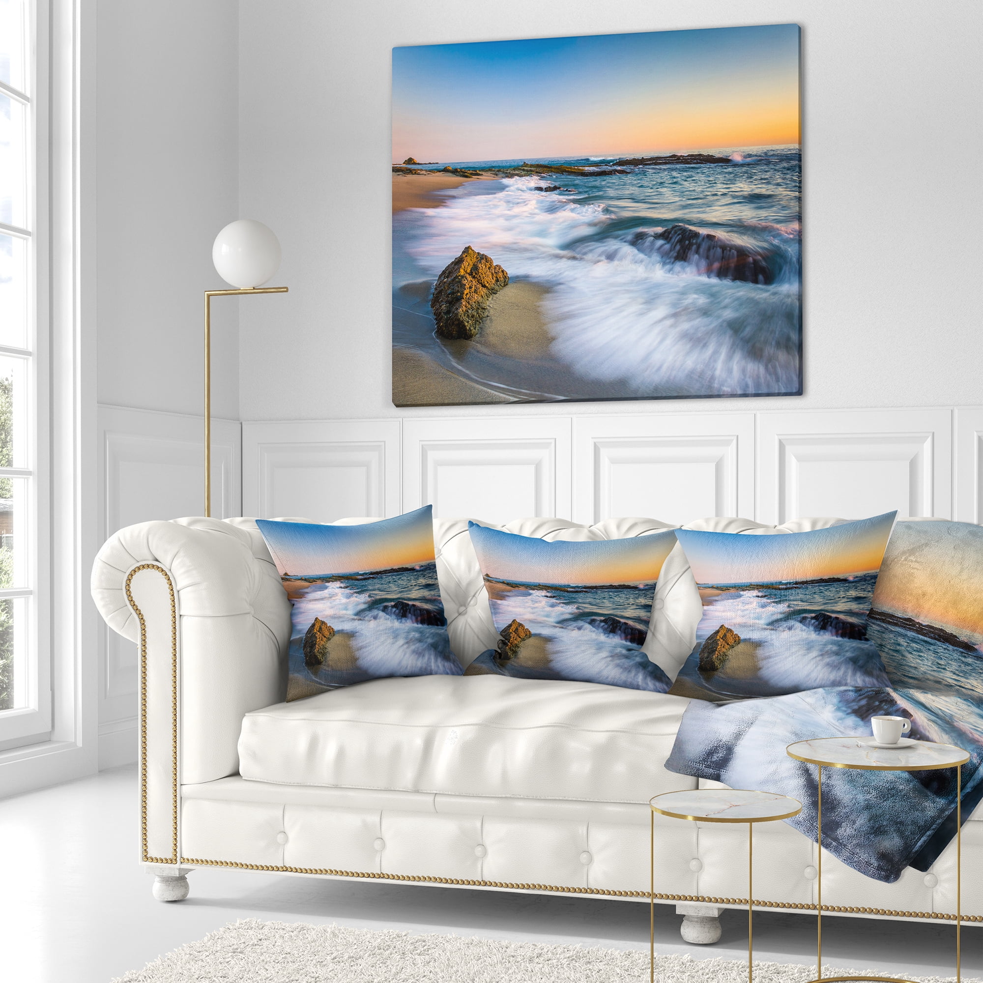 Designart White Waves Crashing on Rocks - Seascape Throw Pillow - 18x18