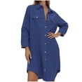 thumbnail image 2 of Womens Button Down Shirts Fall Long Sleeve V Neck Blouses Casual A-line Lapel Dress Top Solid Color Front Button Long Shirts with Pockets Blue XL, 2 of 8