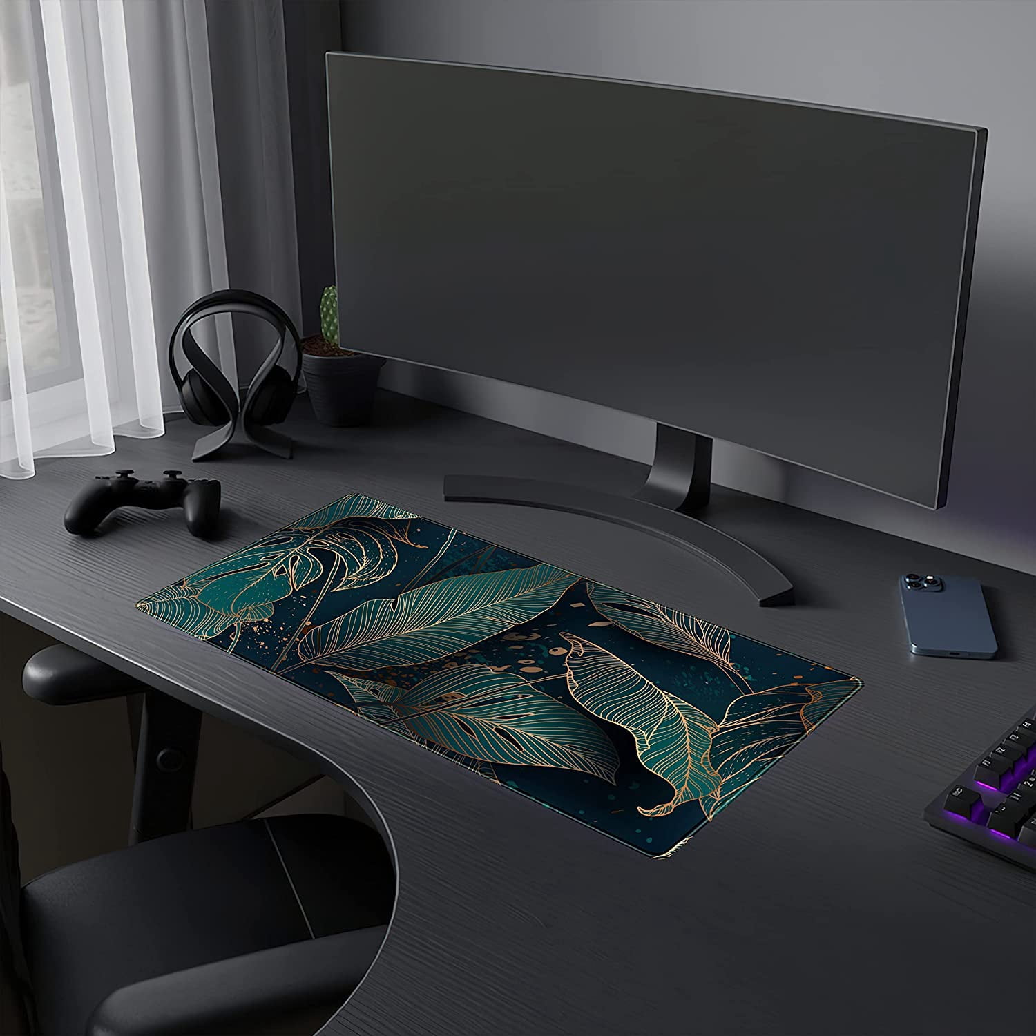 Desk Pad, Green Gold Palm Leaves Extended Gaming Mouse Pad Cute Large Desk Mat, Non-Slip Rubber Base Mousepad with Stitched Edges, Keyboard Mouse Mat Desk Pad for Game Office Home 31.5x15.75 in