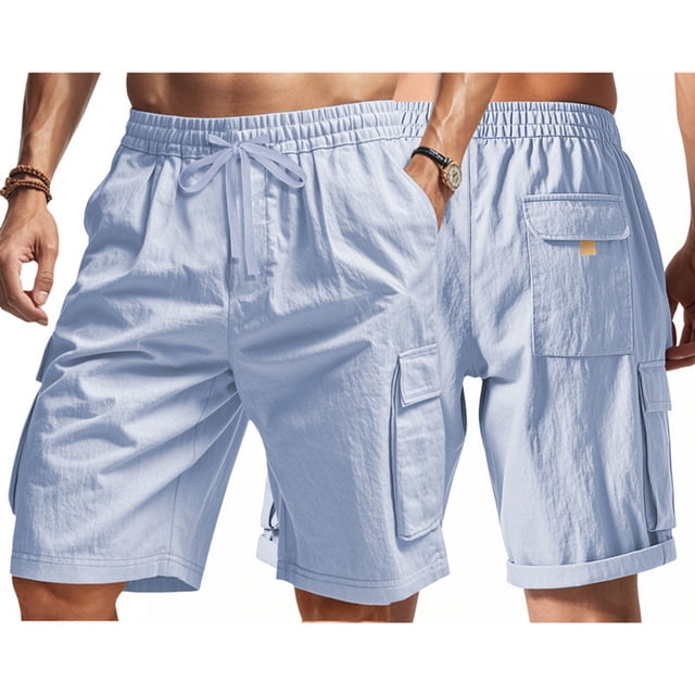 Sentmoon Cargo Shorts for Men High Waist Running Shorts Loose Drawstring Solid Color 2025 Summer Bermuda Shorts Multi Pocket Athletic for Sports Practice Light Blue XXXL