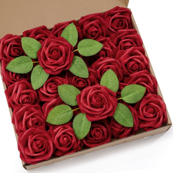 Lifewit Artificial Flowers, 25 Pcs Red Foam Real Looking Roses with Stems, Fake Roses for DIY Wedding Bouquets, Centerpieces Arrangements, Valentine Decorations