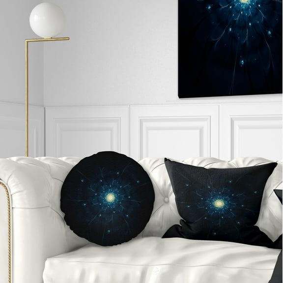 Designart Glowing Fractal Flower Blue on Black - Floral Throw Pillow - 12x20