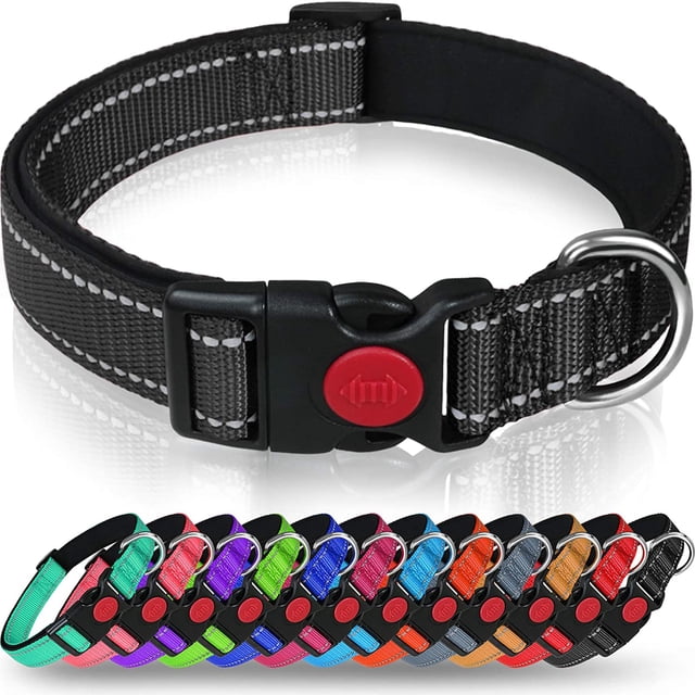 Collar para perro, collar clásico ajustable de nailon reflectante con acolchado de malla suave y transpirable para perros pequeños, talla S, negro.