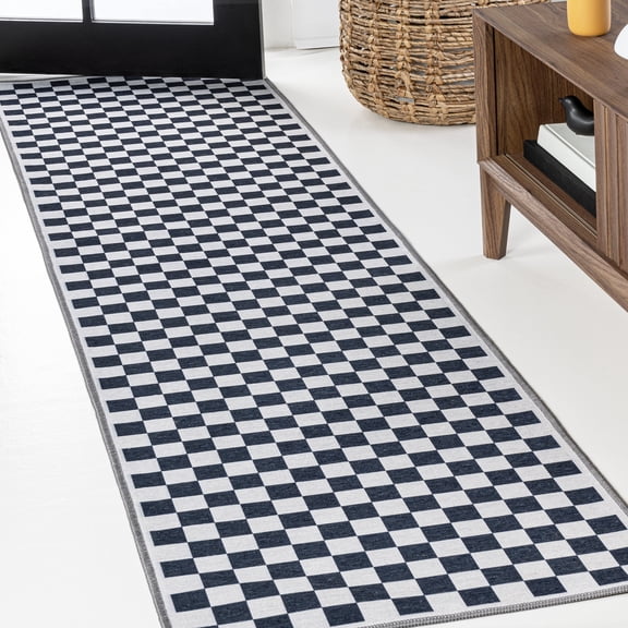 JONATHAN Y WASHABLE 2 x 8 Runner Rug, Ainsley Cottage Checkerboard Washable - Dark Blue/White, WSH126C-28