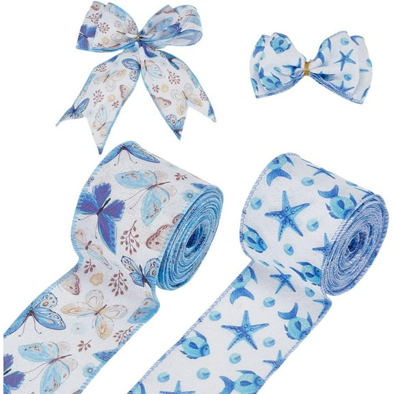 10 Yard Floral Wired Edge Ribbon 2-1/2 inch Wide Cornflower Blue Flower Craft Ribbon 2 Styles Chinoiserie Decorative Fabric Ribbon Printed Wired Ribbon for Making Wedding Gift Decor