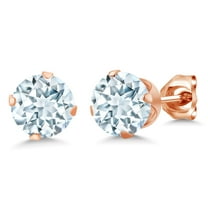 Gem Stone King 1.50 Ct Round Shape Sky Blue Aquamarine 18K Rose Gold Plated Silver Stud Earrings for Women Men