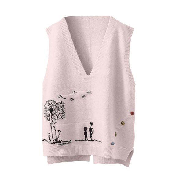 Gkeoshab Tank Tops for Women New Knit Cotton Sleeveless Sweater Vest Loose Fit Embroidery Print Outerwear Cardigan for Spring and Fall Beige L
