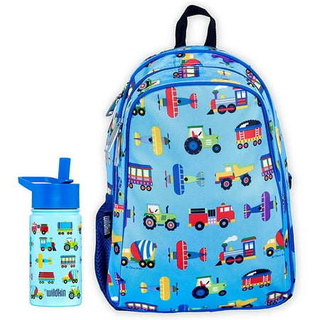 

15-inch backpack pack with 14-ounce reusable steel water bottle (trains planes and trucks)