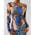 thumbnail image 3 of PRETTYGARDEN Womens Fall Trendy Off Shoulder Y2k Tops Tie Dye Mesh Long Sleeve Shirts Asymmetrical Ruched Floral Blouse, 3 of 8