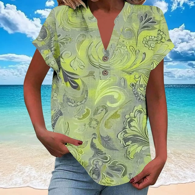 Lydiaunistar Summer Tops for Women Casual Short Sleeve V-Neck Button-Up Blouse, Lightweight Polyester, Daily Fashion, Perfect for Spring, Summer, Fall, Sizes S-5XL